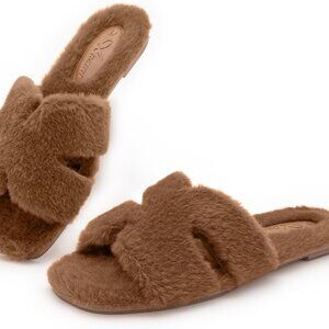 Women's Faux Fur Open Toe Slippers Indoor Slip-On Home Shoes Size 8